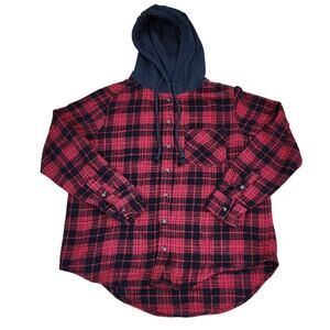 Time And  Tru Plaid Flannel Hooded Shirt Long Sleeve Women's Medium Black Red